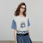 初語(yǔ)抗菌純棉圓領(lǐng)T恤女2025夏季新款牛仔撞色拼接貓印花休閑上衣 米白色 S