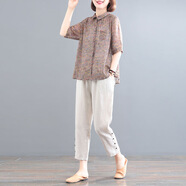 品哥弟新棉麻短袖襯衫女2025年新款媽媽夏裝亞麻上衣寬松遮肚顯瘦洋氣套裝 咖色套裝 2XL 建議130-145斤