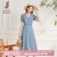 經(jīng)典故事（JANE STORY）溫柔法式碎花連衣裙女夏季2025新款高端氣質(zhì)裙子泡泡袖V領(lǐng)茶歇裙 M23藍(lán)黃花 M