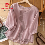 皮爾卡丹（PIERRE CARDIN）夏季女裝短袖棉麻小衫上衣T恤真絲歐貨春秋2025新款小個(gè)子貴婦人 淡紫色 M :建議：80-100斤