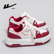 回力冬季女鞋新款板鞋女厚底增高加絨百搭棉鞋J578Z 米/酒紅 38