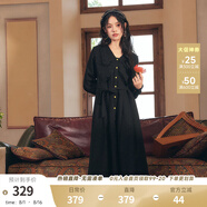 兩三事黑色長(zhǎng)袖連衣裙女春季新款新中式長(zhǎng)裙法式復(fù)古裙子夜聽朝云 黑色 L