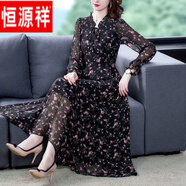 恒源祥連衣裙女冰絲雪紡裙子新款2025年春夏裝長袖碎花連衣裙大尺碼減 黑色長/袖 XL 【建議105--120斤】
