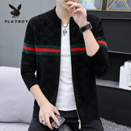 花花公子（PLAYBOY）春秋季新款水貂絨夾克男士休閑毛衣外套針織開衫潮流拼色線衣茄克 WE8927黑色【拉鏈】開衫 XL