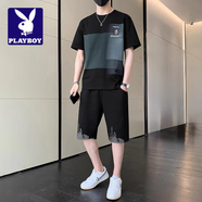 花花公子;PLAYBOY休閑套裝男2025年夏季新款時(shí)尚潮牌短袖短褲經(jīng)典帥氣舒適搭配一套 21013+2099黑色【套裝】 M 推薦【90-110】