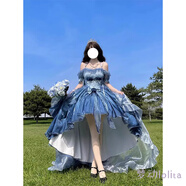 夢動藍色前短后長花嫁禮服lolita連衣裙洋裝洛麗塔重工拖尾蓬蓬公主裙 藍色前短后長裙子+華麗大拖尾 S