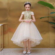 獨孤伽羅女童公主裙蓬蓬裙兒童禮服花童小孩主持晚禮服鋼琴演出服走秀夏季 香檳色短袖前短后長 cm 均碼