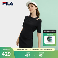 FILA 斐樂官方女子針織連衣裙2025夏新款時(shí)尚簡約休閑修身連身裙 正黑色-BK XL