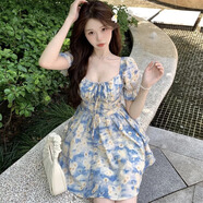 沐霓大碼法式茶歇碎花連衣裙女2025新款夏季裙子胖mm遮肚顯瘦A字短裙 法式茶歇碎花連衣裙藍色 S