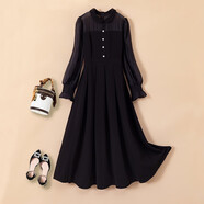法式收腰赫本風(fēng)小黑裙歐根紗拼接長(cháng)袖a字連衣裙氣質(zhì)襯衫長(cháng)裙大碼 黑色 2XL