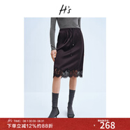 H's緞面半身裙25春新款高級設計立體光澤感松緊帶抽繩蕾絲邊腰裙 黑色 S
