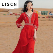 LISCN連衣裙女民族風(fēng)海邊度假紅色刺繡長(cháng)袖異域別致旅游女裝沙漠裙新款 紅色 預售七天 均碼