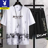 花花公子夏季新款休閑套裝青少年冰絲男生ins潮流短袖大碼短褲運動(dòng)T恤男 鐵塔白+短褲 4XL 165-180斤