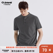 千紙鶴（Q ZHIHE）新中式亨利領(lǐng)黑白條紋短袖t恤男半袖夏季舒適透氣男士上衣21588 01A黑色 L