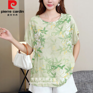 皮爾卡丹中國風(fēng)印花夏季棉綢上衣女時(shí)尚圓領(lǐng)t恤薄款半袖寬松顯瘦大碼胖mm E綠葉果果 L