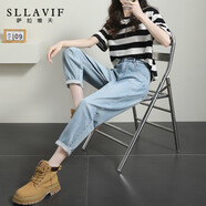 薩拉維夫高腰哈倫牛仔褲女2025夏季新款淺色寬松小個(gè)子老爹蘿卜褲子 淺藍 XL