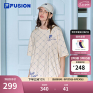 FILA FUSION斐樂潮牌情侶款針織短袖衫夏季時尚寬松純棉T恤 麥乳色-BG L 175/96A