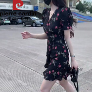 皮爾卡丹2025年夏季韓版洋氣v領(lǐng)荷葉邊短袖裙子收腰顯瘦印花短裙連衣裙女 黑色 M 建議95-105斤