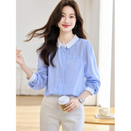 塔馳密司（touchmiss）藍白條紋純棉長(cháng)袖襯衫女早秋休閑寬松減齡上衣TM8074QQ 藍色 M