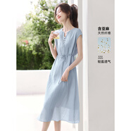 沫晗依美【度假感氣質(zhì)長(zhǎng)裙】2025夏季新款舒適輕薄透氣顯瘦連衣裙 藍(lán)色 L