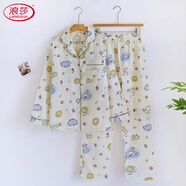 浪莎（LangSha）清爽棉紗長(cháng)袖睡衣女士套裝春秋夏季全棉麻紗布家居服薄款2025 米色小白狗紗布長(cháng)套LH M 建議90-105斤身高155-160