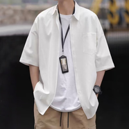 Homlean日系純色文藝襯衫男夏季短袖打底高級感港風(fēng)休閑內搭B999白色XL