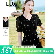 百圖betu女裝夏新款連衣裙短袖雪紡萌兔繡花減齡連衣裙女2303T90 黑色 XS