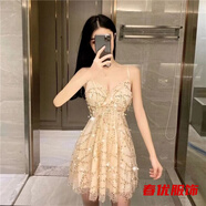 芭瑾圖吊帶新款A字連衣裙女夏季亮片氣質顯瘦酒吧性感V領露背裙 香檳色 S 90斤之內