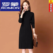 羅蒙（ROMON）2024中老年簡約時(shí)尚羊毛針織連衣裙蕾絲花邊新款秋冬遮肚毛衣裙 黑色 2XL