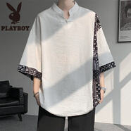 花花公子（PLAYBOY）新中式國風短袖t恤男夏季痞帥拼接七分袖上衣松弛感國潮盤扣體恤T DX1225B白色 M (約90~110斤可穿)