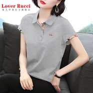 LOVER RUCCI國(guó)際大牌媽媽純棉短袖翻領(lǐng)t恤夏中年女士polo衫帶領(lǐng)上衣 花灰色 2XL 125-135斤