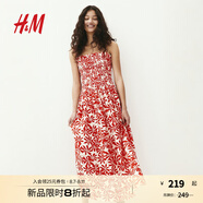 H&M女裝無(wú)領(lǐng)連衣裙2025夏季新款無(wú)袖縮褶植物印花吊帶長(zhǎng)裙1275861 白色/紅色花卉 M 165/96