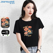 真維斯（JEANSWEST）短袖t恤女夏季純棉正肩設(shè)計(jì)感圓領(lǐng)薄款印花時(shí)尚上衣女黑色M