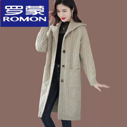 羅蒙（ROMON）羊毛衫女秋冬新款寬松顯瘦開衫中長款粗線翻領(lǐng)針織羊絨毛衣外套女 米白色 2XL 【建議120-135斤】