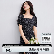 尚都比拉法式連衣裙女夏季方領堆堆袖復古波點抽褶開叉A字裙 黑底白點 S