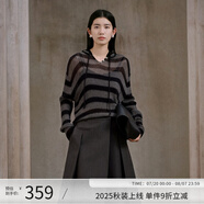 阿依蓮針織衫女薄款秋季2025新款洋氣休閑條紋連帽毛衣寬松顯瘦上衣外搭 隕石黑 S