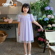 可可鴨（QQ DUCK）童裝女童連衣裙兒童裙子夏青少年公主紗裙星星格紋裙紫色；150