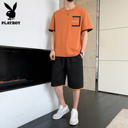 花花公子T恤男兩件套裝短袖男半袖夏季新款圓領(lǐng)青年休閑T上衣服打底衫帥氣 桔紅色 M