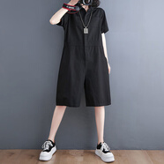 筑凡連體褲女夏季小個(gè)子女裝工裝連體五分闊腿短褲休閑寬松哈倫連衣褲 黑色 M 建議90/110斤