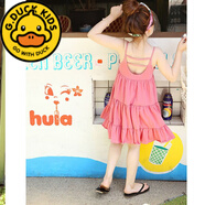 G.duck女童純棉連衣裙兒童夏裝新款露背吊帶背心裙子寶寶海邊度假公主裙 桔紅色 (吊帶裙子) 150 建議身高140-150cm9-10歲