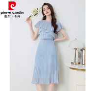 皮爾卡丹藍(lán)色荷葉邊百褶收腰雪紡連衣裙女裝夏季2025新款優(yōu)雅氣質(zhì)修身裙子 藍(lán)色 S 建議80-95斤
