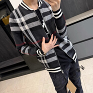 美安嘉美式輕奢格紋拼色針織開(kāi)衫外套男士歐美潮流經(jīng)典商務(wù)百搭修身夾克 條紋格針織上衣-灰色【面料】 L