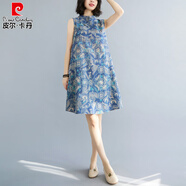 皮爾卡丹（pierre cardin）2025夏季新款女裙改良印花棉麻背心旗袍裙盤扣亞麻連衣裙 牛仔藍 2XL 【建議130-150斤】