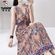 啄木鳥(niǎo)棉綢長(cháng)款連衣裙女大碼人造棉碎花裙高腰顯瘦沙灘裙無(wú)袖背心長(cháng)裙夏 修身613花色修/身 4XL 建議140斤-150斤