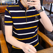 AFILMBY短袖T恤男士夏季休閑t恤打底衫衣服男裝條紋五分袖潮流翻領(lǐng)POLO男 8011黃色 M (90-100斤)