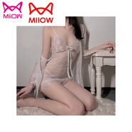 貓人（MiiOW）性感睡女2025新款絲綢蕾絲睡裙輕奢帶胸墊內(nèi)吊帶網(wǎng)紗套裙 雪山白睡裙+外袍 M