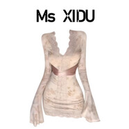 酷章（KUZHANG）Ms XIDU純欲風(fēng)蕾絲拼接V領(lǐng)喇叭袖修身連衣裙女秋冬2024收腰包臀裙 裸色 原版質(zhì)量 XL