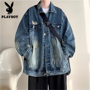 花花公子（PLAYBOY）牛仔套裝男高街潮牌外套秋季休閑潮流學(xué)生穿搭牛仔褲設(shè)計感兩件套 復(fù)古藍(lán)牛仔外套 【單件】 M