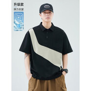 海瀾男裝夏季薄款2025新款拼接撞色POLO衫男士男裝寬松日系半袖休閑短袖t恤男生夏天冰絲涼感上衣服 1855黑色 2XL 【150-180斤】