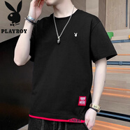 花花公子（PLAYBOY）純棉短袖恤男夏季薄款品牌寬松體恤男款夏天半袖上衣潮 DT116 黑色(單件裝) M (90-105斤)